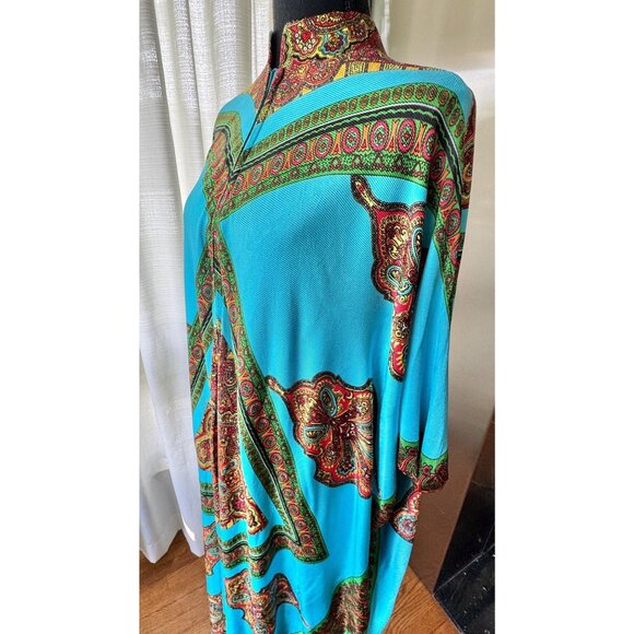 Vintage 70s muumuu, peacock blue, orange green abstract print, front zipper - Picture 3 of 10